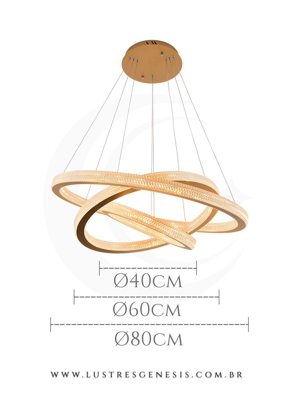 Lustre pendente moderno com três anéis dourados entrelaçados, ideal para quartos, sala de jantar, lavabo e sala de estar. DCD015079  Lustres Gênesis - o melhore site da Internet para comprar Lustre